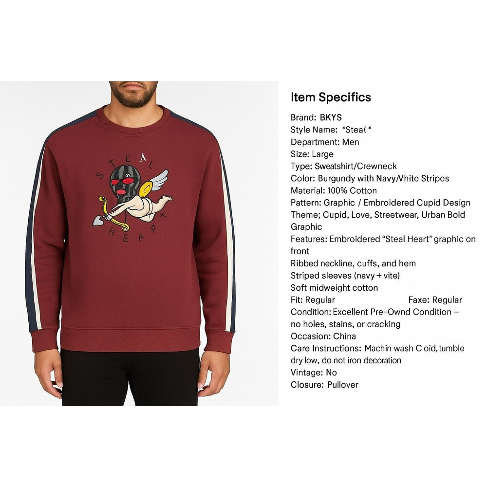 BKYS Steal Heart Sweatshirt | Burgundy Crewneck w/ Cupid Ski Mask Graphic |...